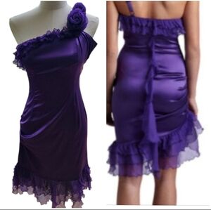 Vintage Betsey Johnson Purple One-Shoulder  Silk Ruffle Dress Size 4